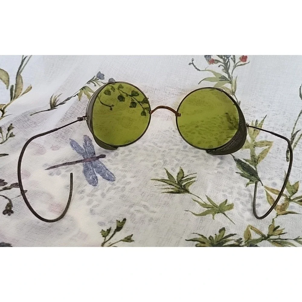 Antique Sunglasses Goggles Spectacles Steampunk Safety Glasses‎ Green Vtg Moto